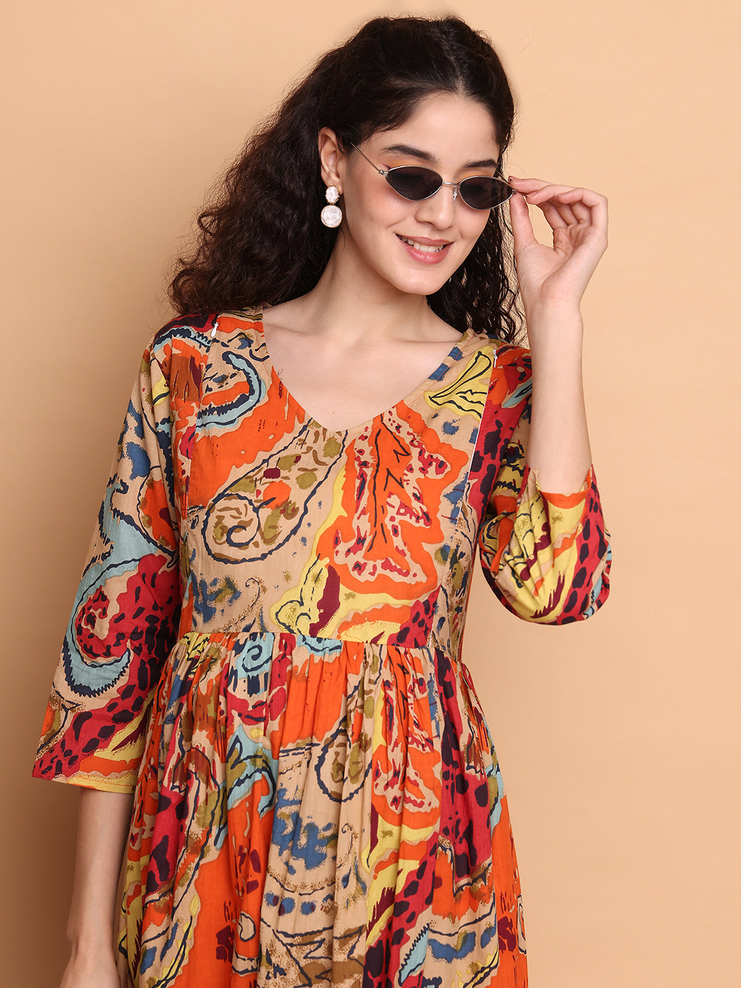 Aawari Bohemian Orange Multicolor Printed Cotton Maternity Dresses with 3/4 Sleeves