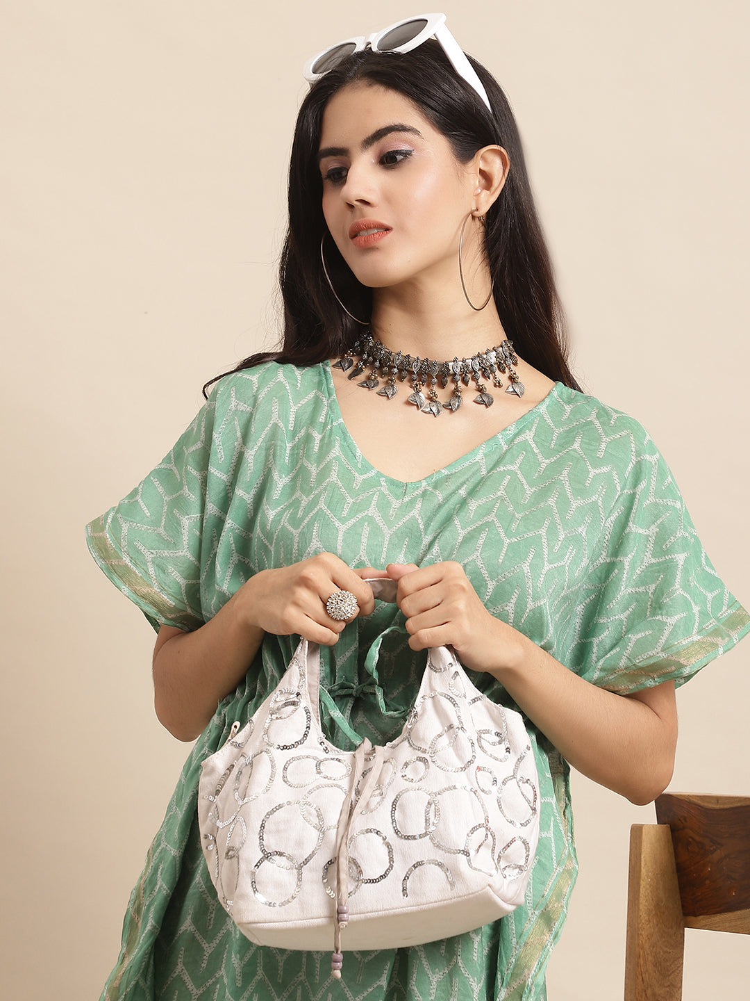 Aawari Women's Mint Green Chanderi Printed Kaftaan Dress with Drawstring Waist