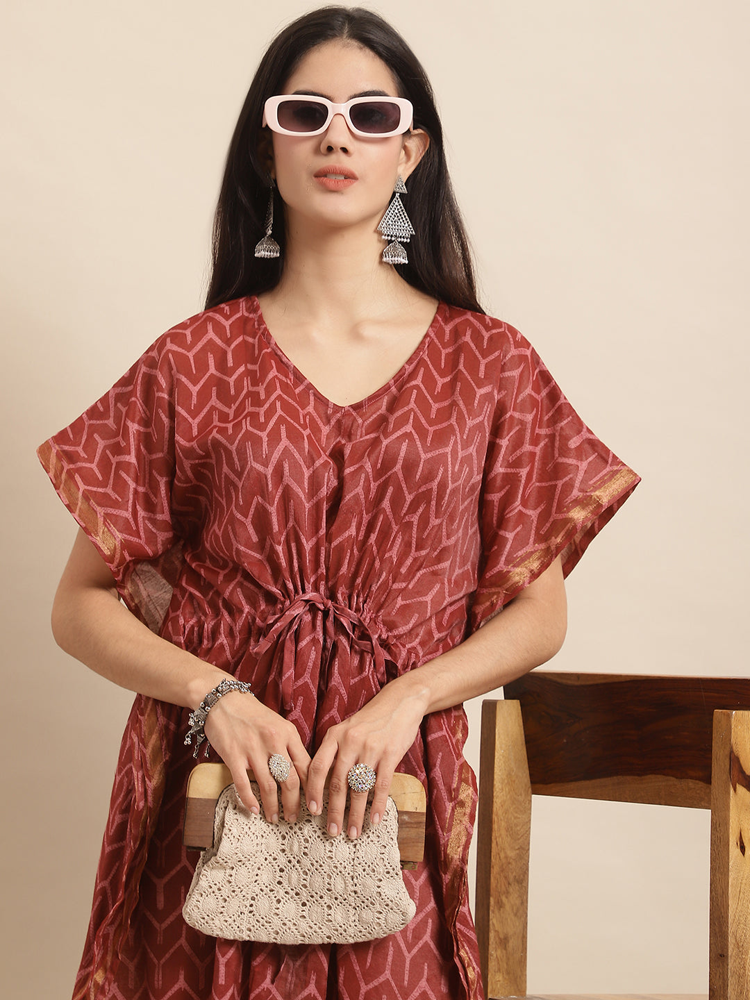 Aawari Maroon Chanderi Printed Kaftaan Dress with Drawstring Waist