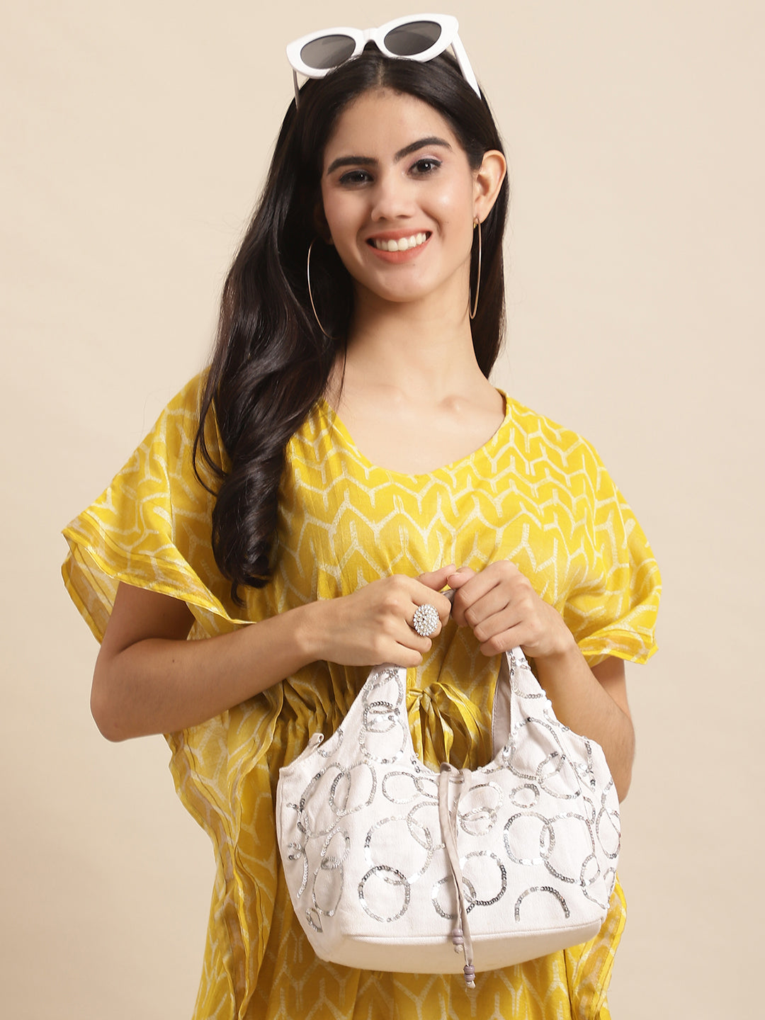 Aawari Yellow Chanderi Printed Kaftaan Dress with Relaxed Fit - Kaftaan