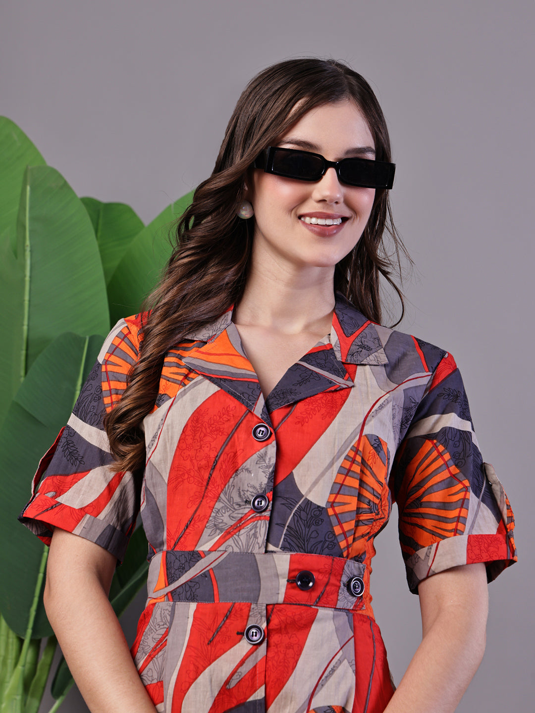 Aawari Multicolor Printed Cotton Shirt Collar Midi Dress - Midi Dresses / Western Wear / Dresses