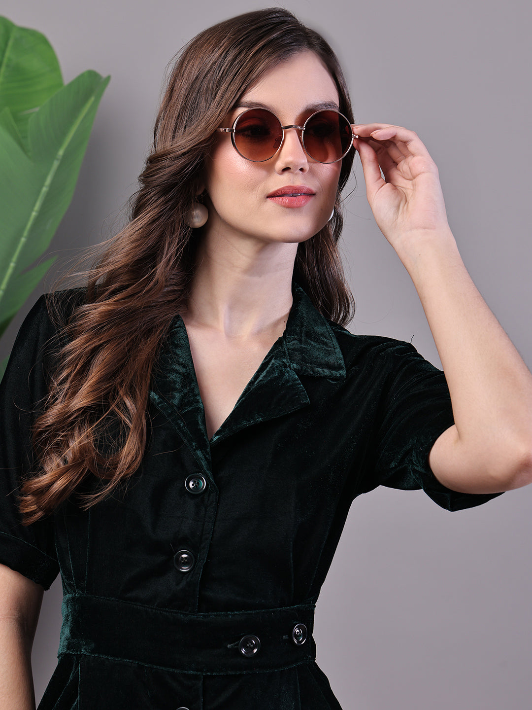 Aawari Bottle Green Velvet Shirt Style Midi Dress with Belt - Midi Dresses / Western Wear / Dresses