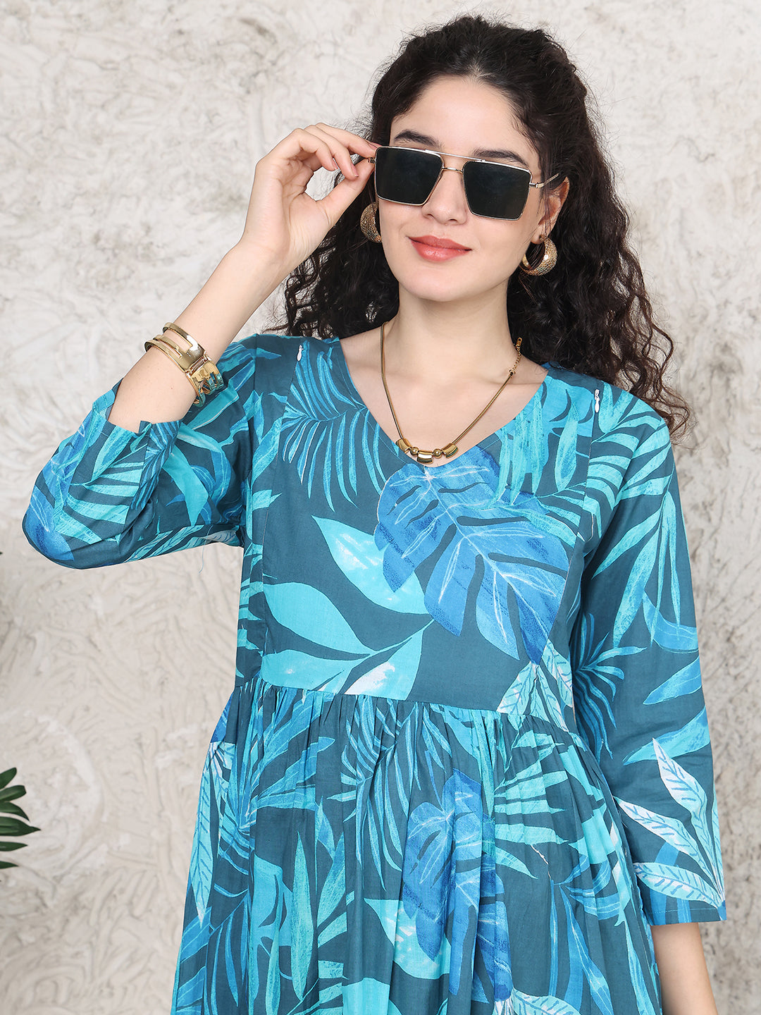 Aawari Teal Blue Cotton Maternity Dresses Leaf Print with 3/4 Sleeves