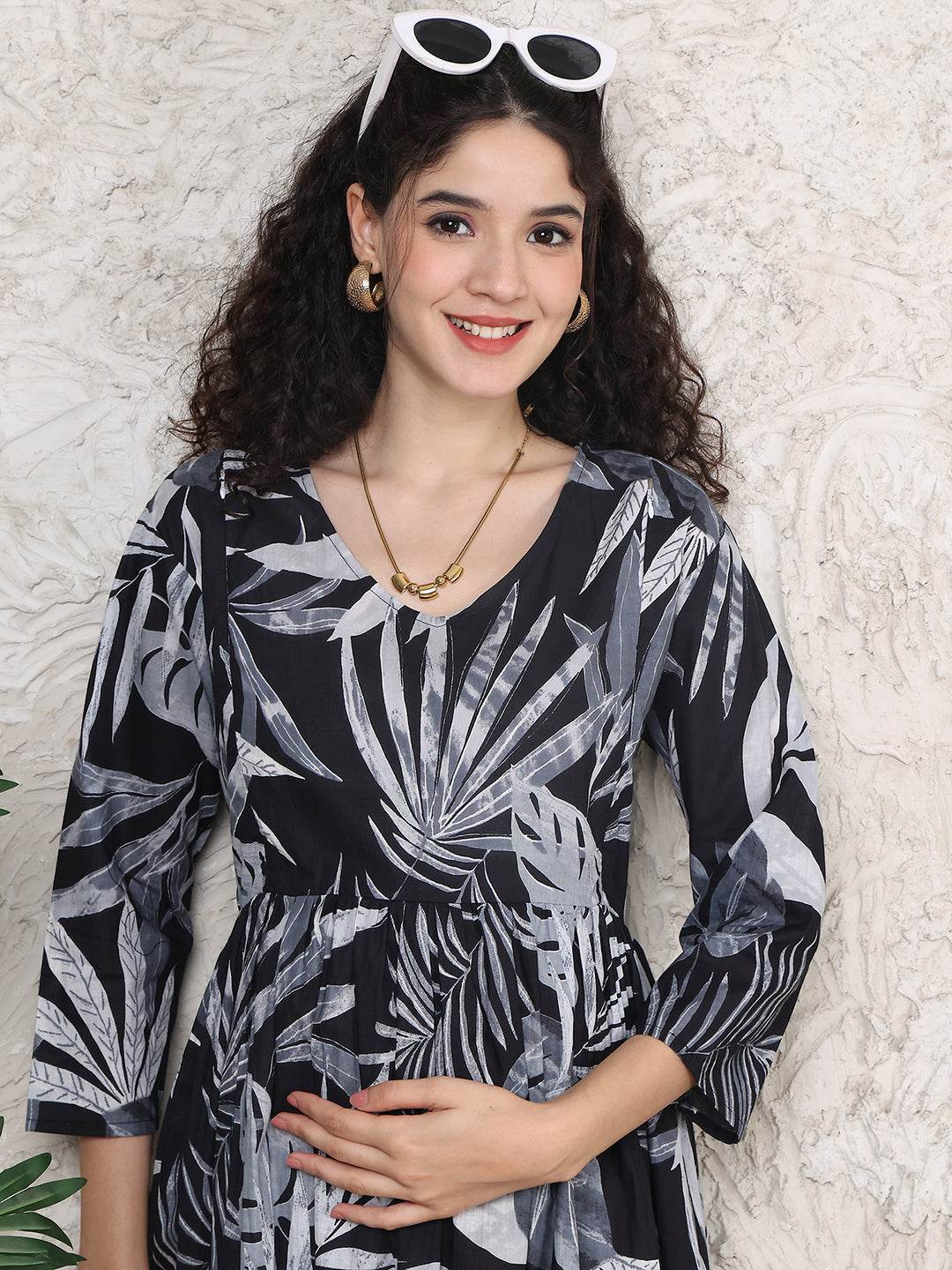 Aawari Black & Grey Leaf Print Cotton Maternity Dresses with Tiered Hem