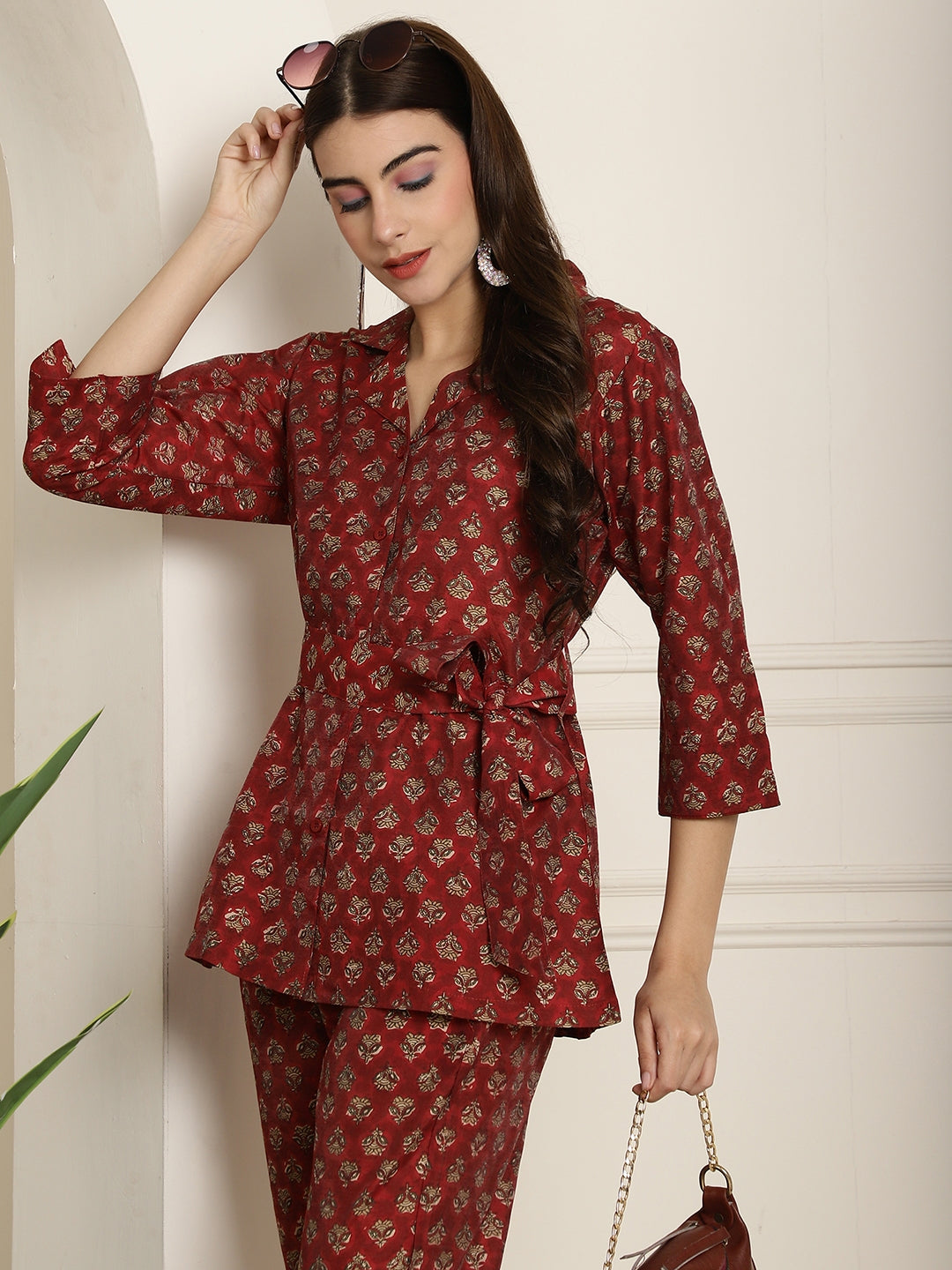 Maroon Gold Printed Chanderi Co-ord Sets with Wrap Top & Straight Pants