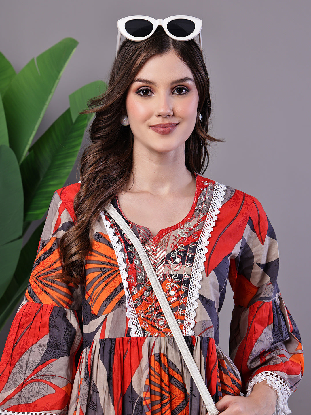 Aawari Bohemian Printed 100% Cotton Fit & Flare Dress with Lace Detailing - Midi Dresses / Western Wear