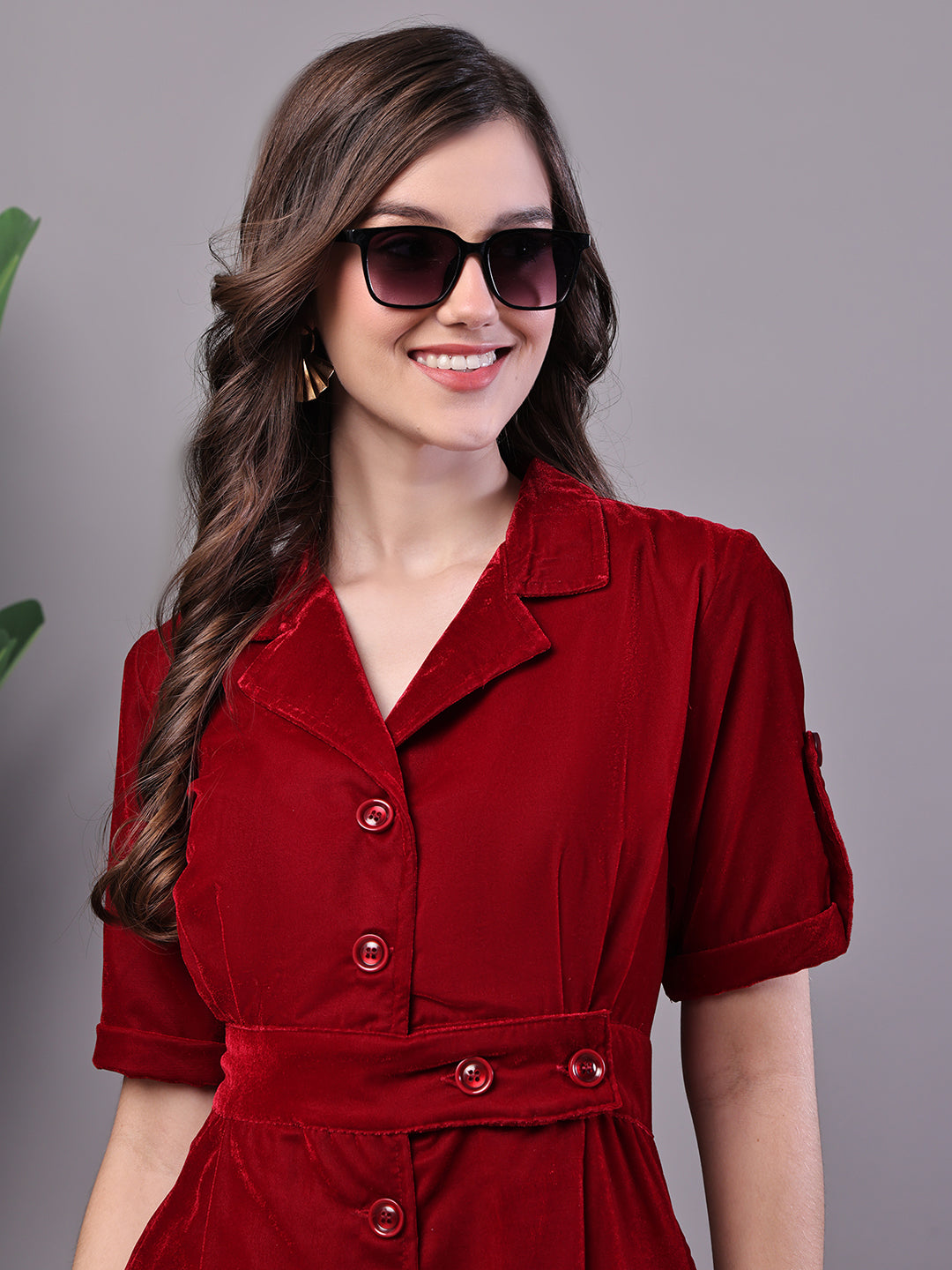 Aawari Maroon Velvet Shirt Style Midi Dress with Belt - Midi Dresses / Western Wear / Dresses