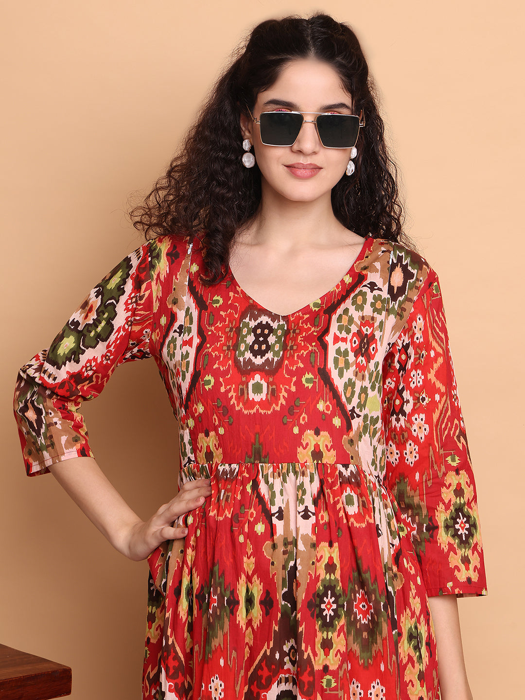 Aawari Red Ikat Printed Cotton Maternity Dresses with 3/4 Sleeves