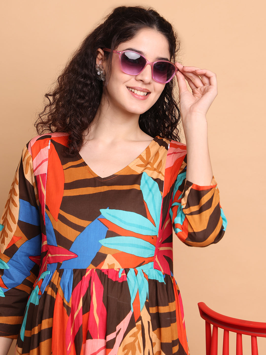 Aawari Brown Multicolor Leaf Print Cotton Maternity Dresses with 3/4 Sleeves