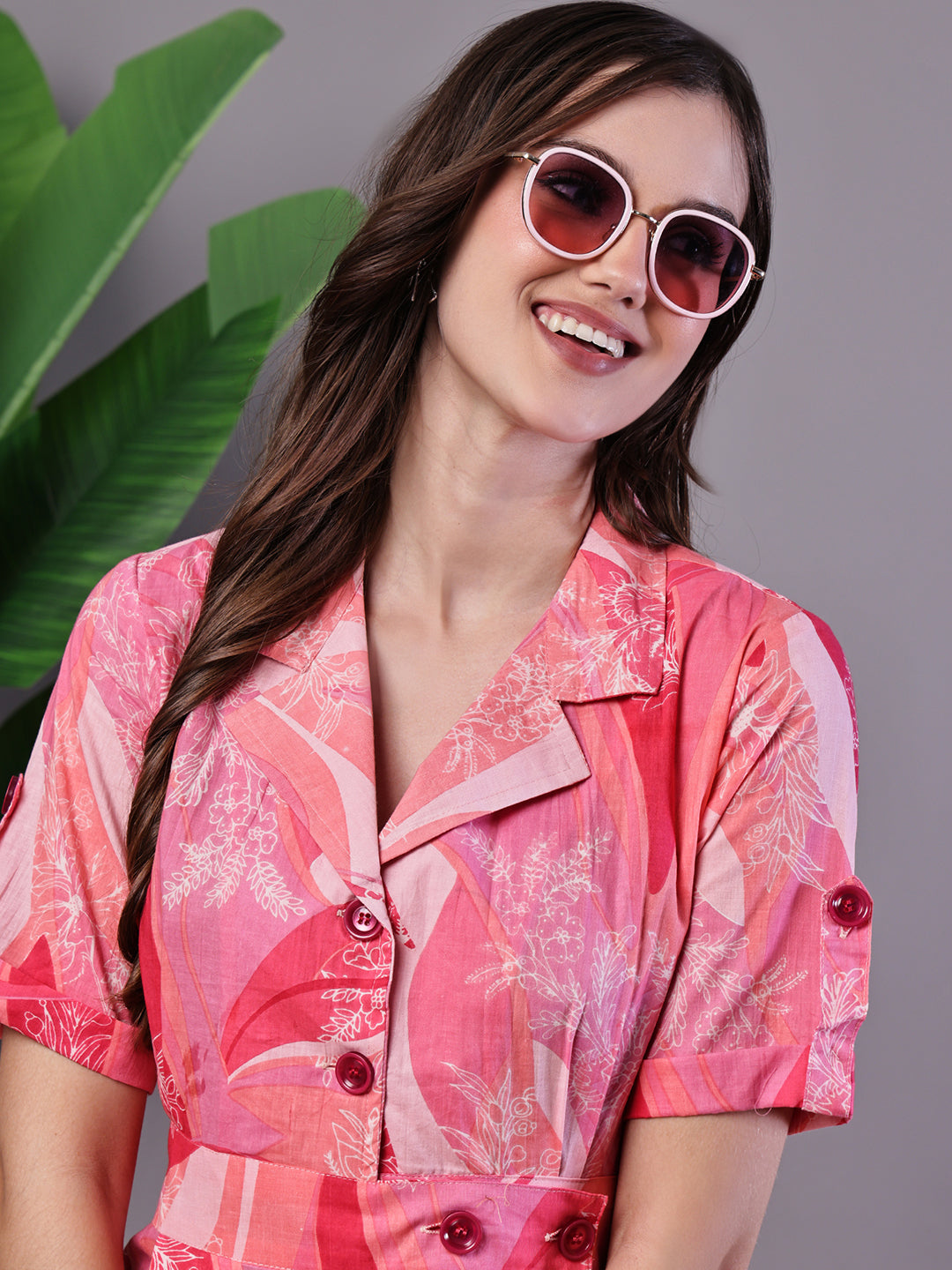 Aawari Pink Printed Cotton Midi Shirt Dress - Midi Dresses / Western Wear / Dresses