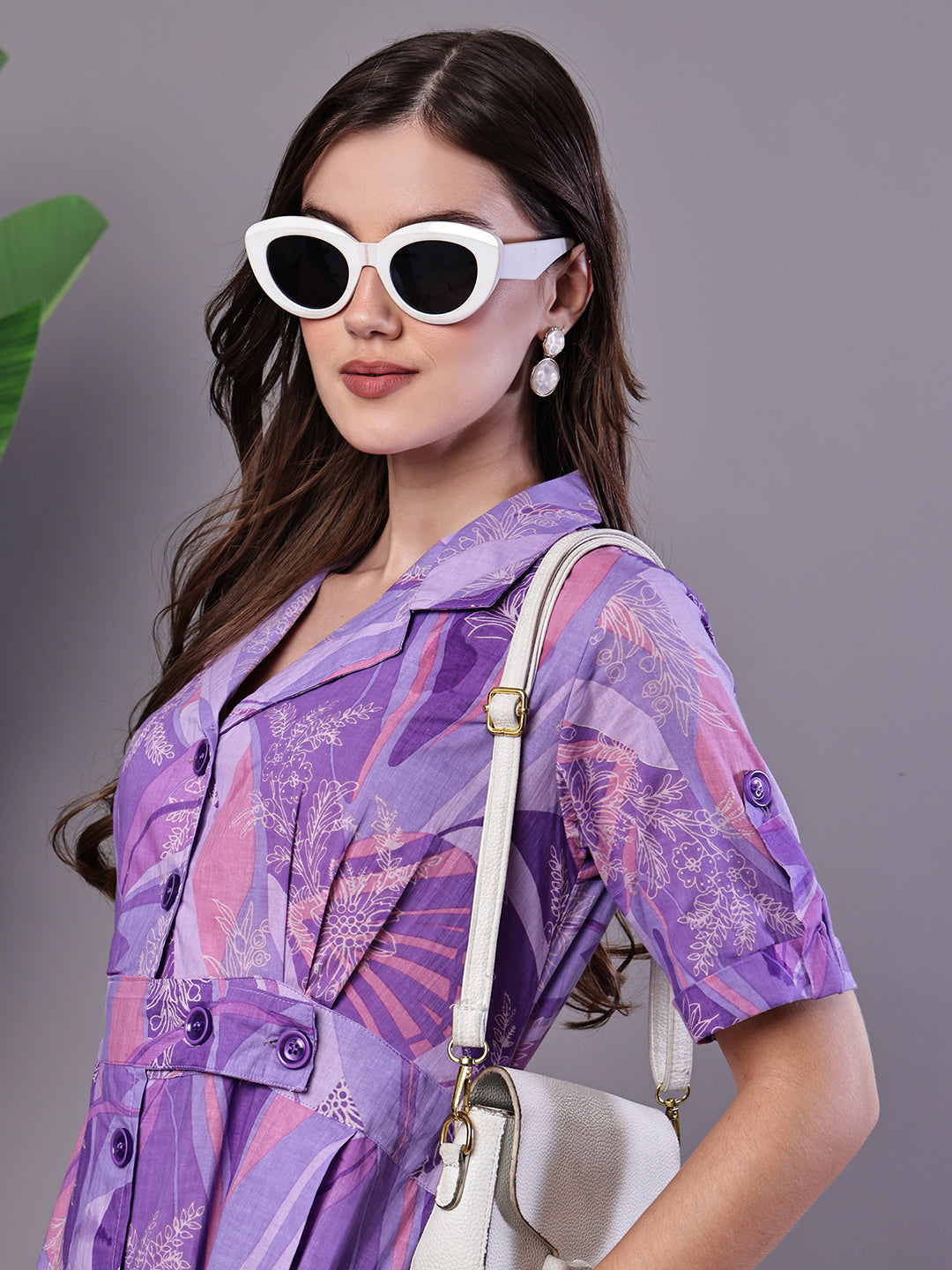 Aawari Purple Abstract Print Cotton Shirt Dress - Midi Dresses / Western Wear / Dresses