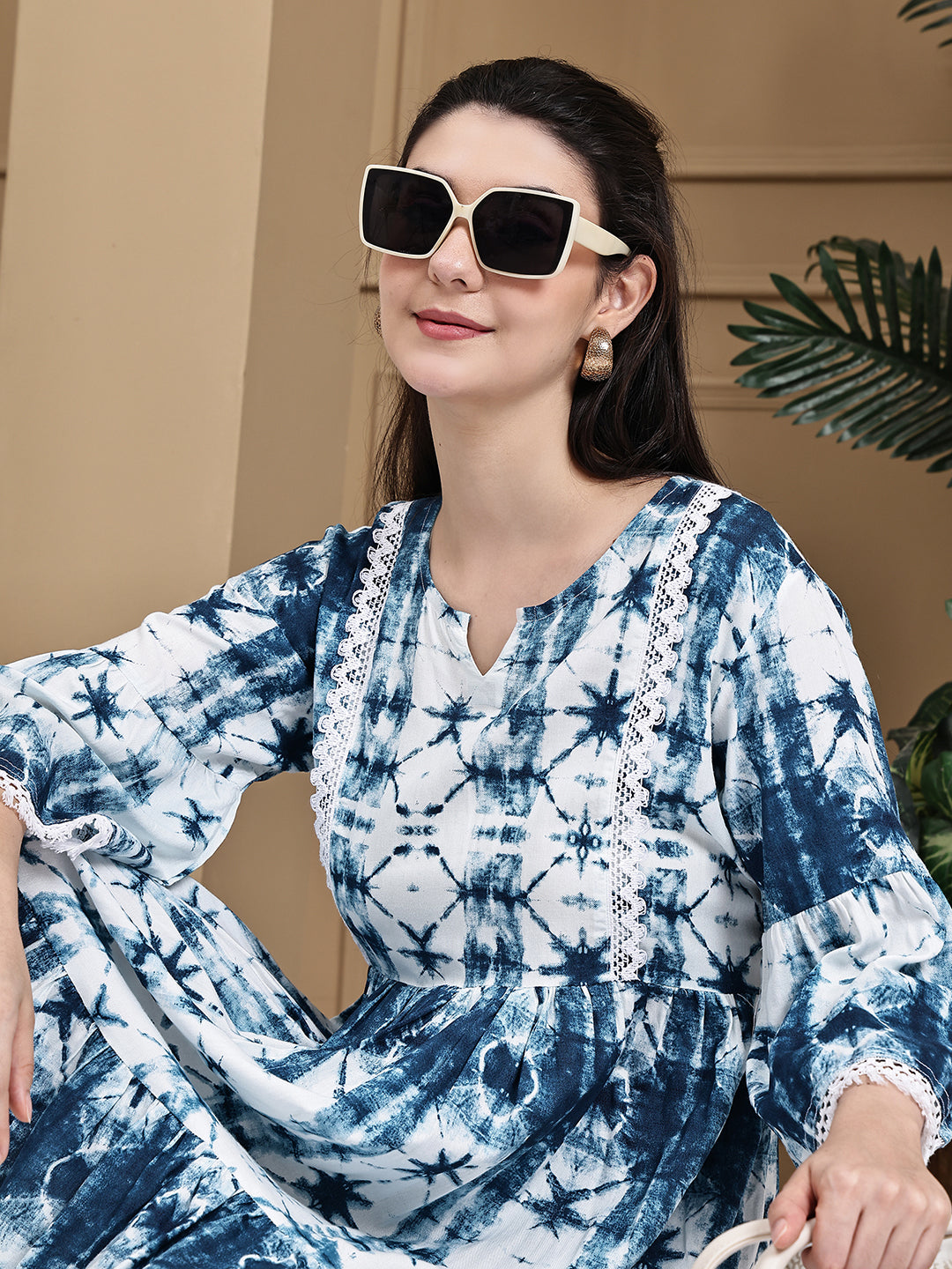 Aawari Rayon Tie & Dye Dark Blue Short Dress - Midi Dresses / Western Wear