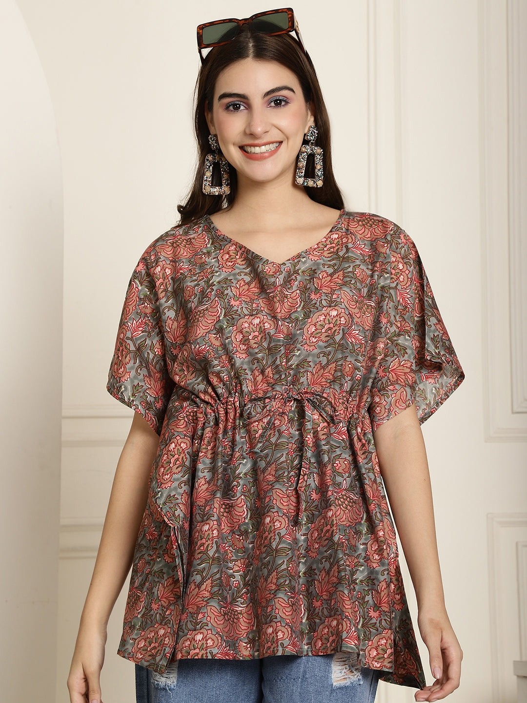 Women's Floral Print Cotton Kaftaan Top with Drawstring Waist