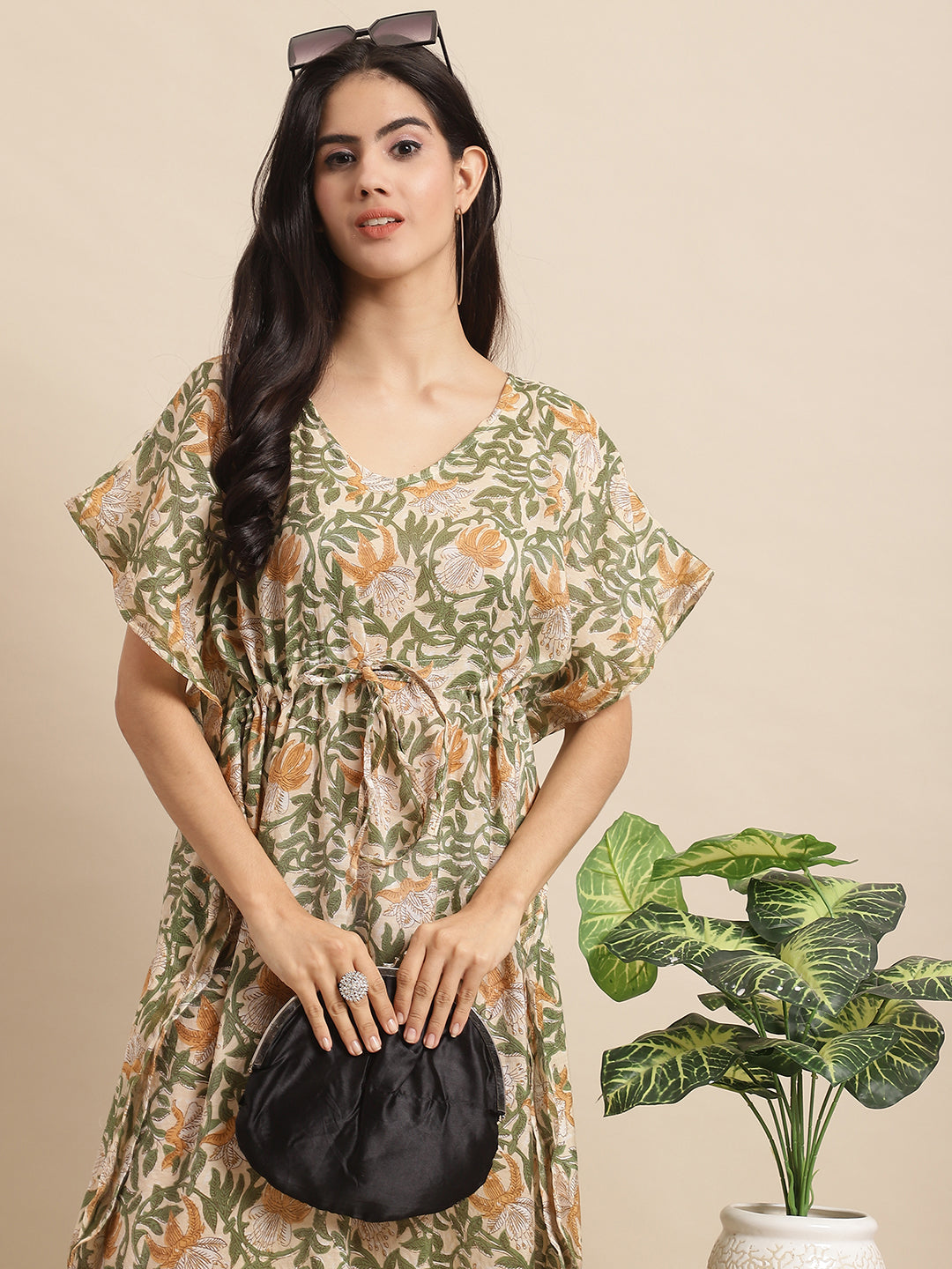 Aawari Floral Printed Green Chanderi Midi Dress with V-Neck & Short Sleeves - Kaftaan
