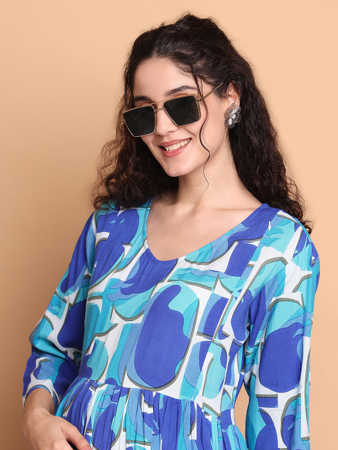Aawari Blue Abstract Printed Cotton Maternity Dresses with 3/4 Sleeves