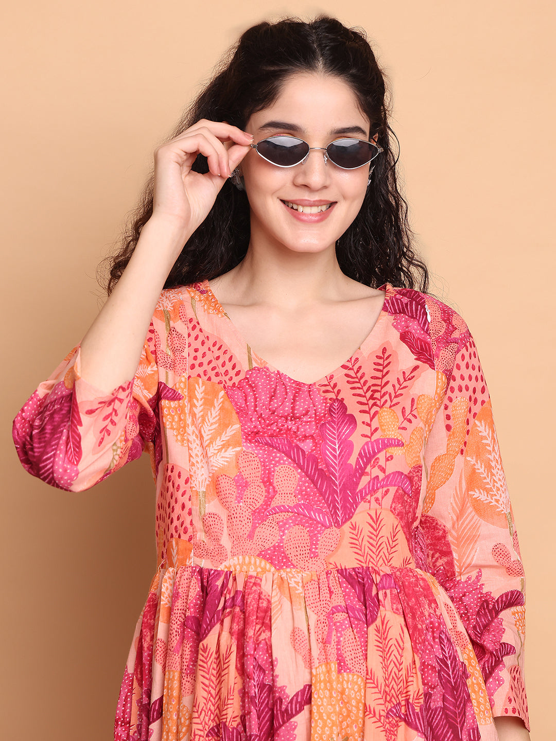 Aawari Peach & Pink Leaf Print Cotton Maternity Dresses with Tiered Hem