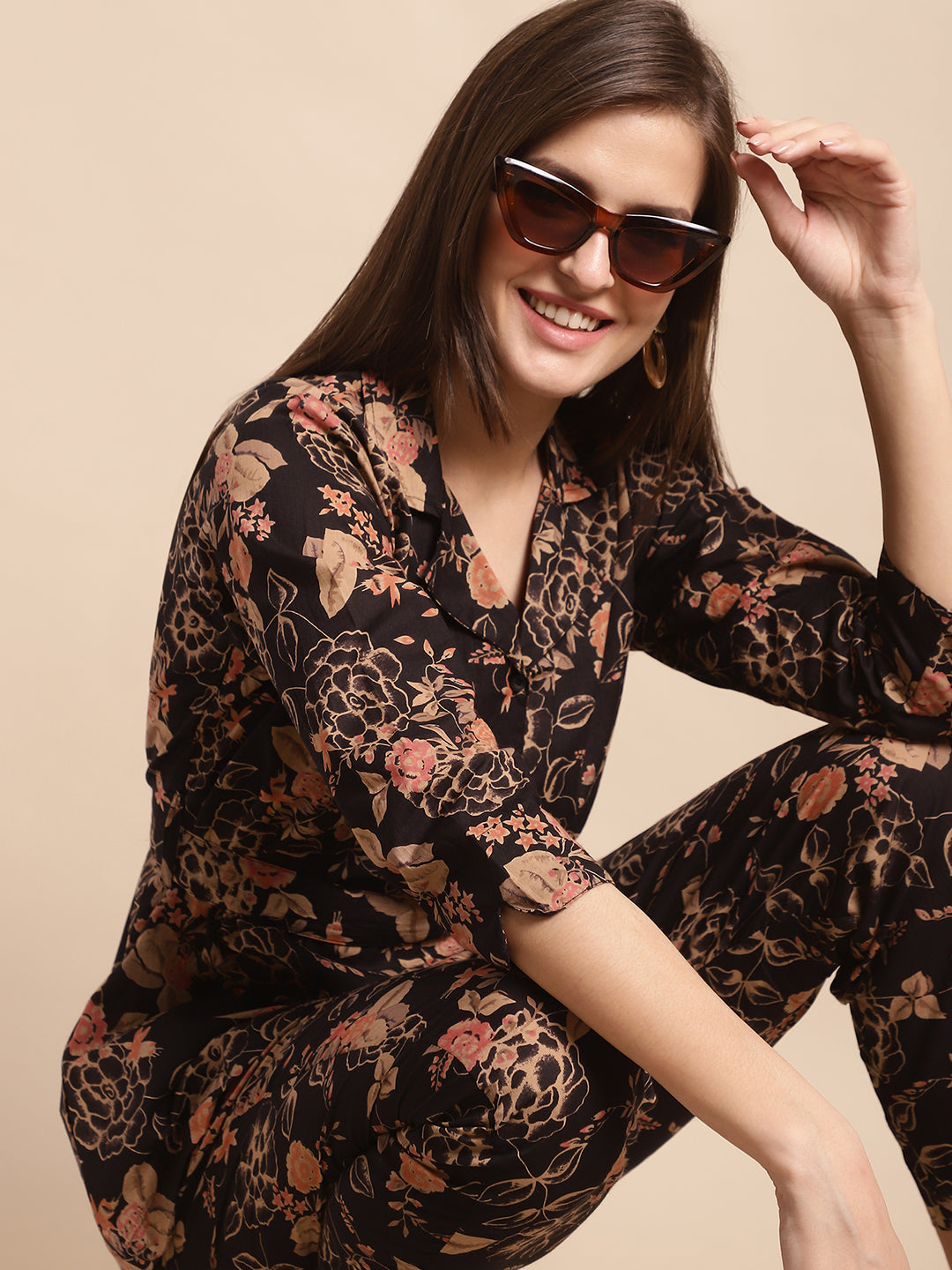 Aawari Women's Black & Beige Floral Printed Cotton Wrap-Style Co-ord Set - Co-ord Sets / Western Wear