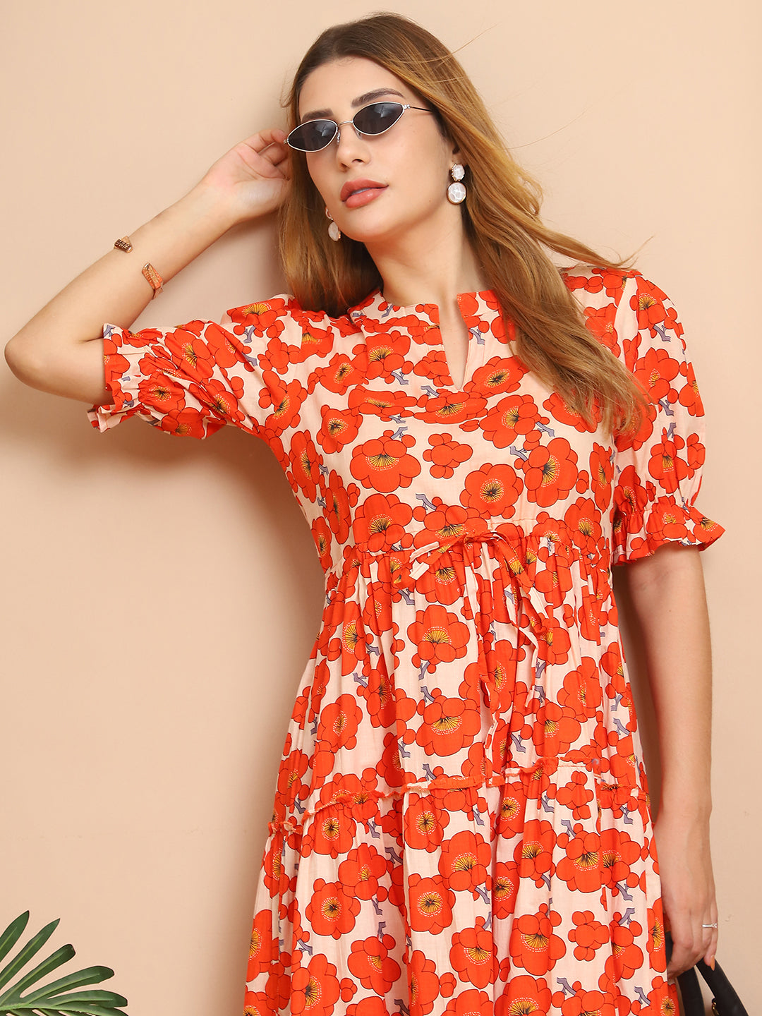 Aawari Orange & White Floral Cotton Tiered Maxi Dress - Dresses / Maxi Dresses / Western Wear