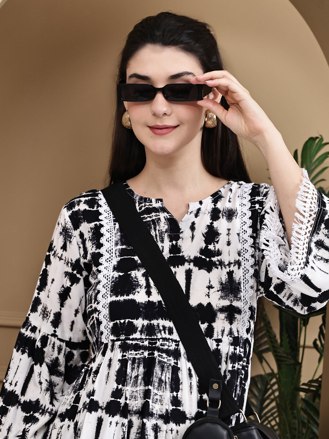 Aawari Rayon Tie & Dye Black And White Short Dress - Midi Dresses / Western Wear