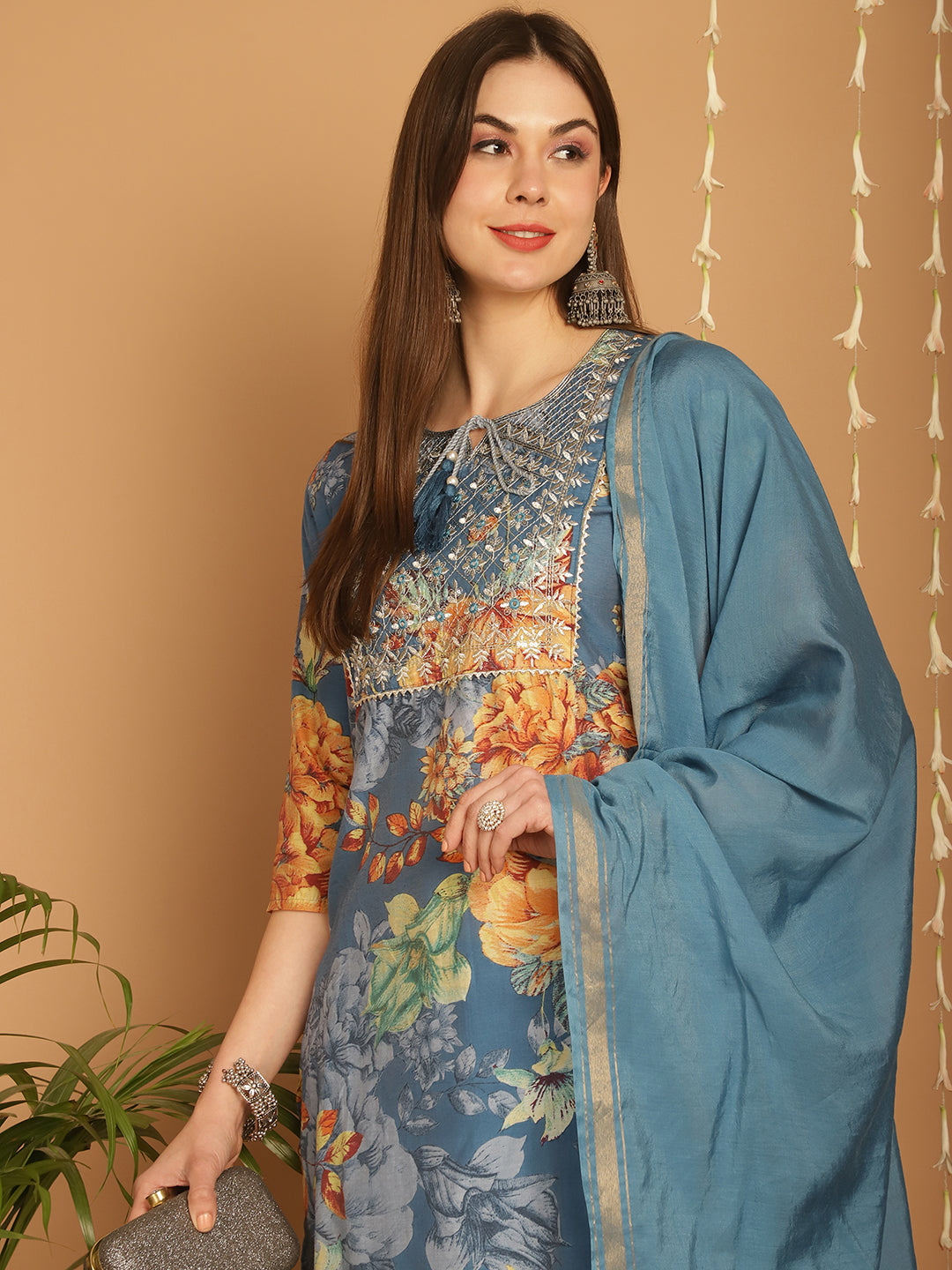 Aawari Women Chanderi Printed Three Piece Suit Sets