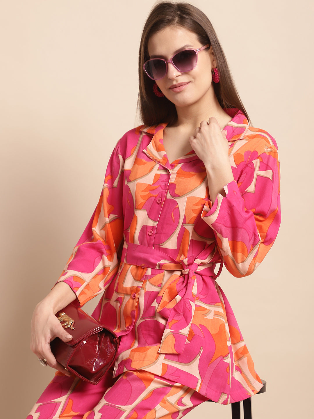 Aawari Women's Printed Co-ord Sets in Pink & Orange - Rayon Casual Wear / Western Wear