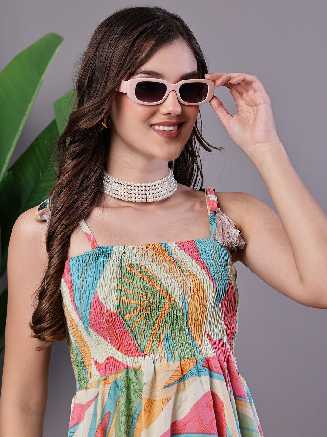 Aawari Multicolor Junglee Print Handkerchief Hem Cotton Dress - Midi Dresses / Western Wear