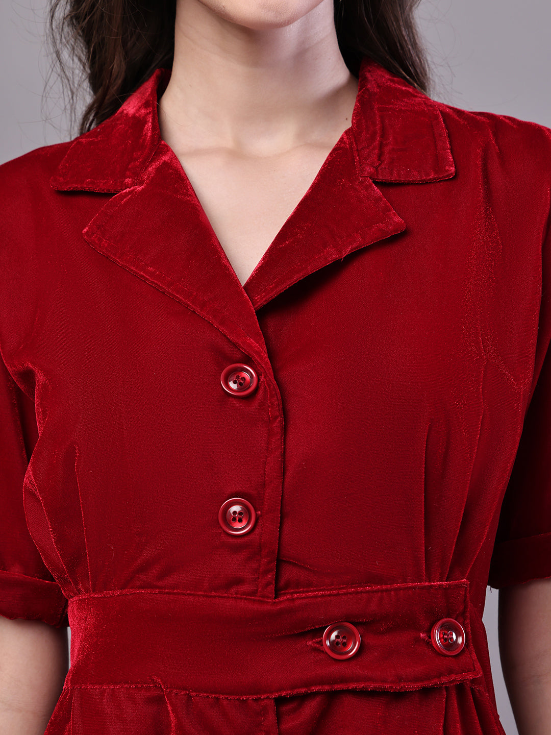 Aawari Maroon Velvet Shirt Style Midi Dress with Belt - Midi Dresses / Western Wear / Dresses