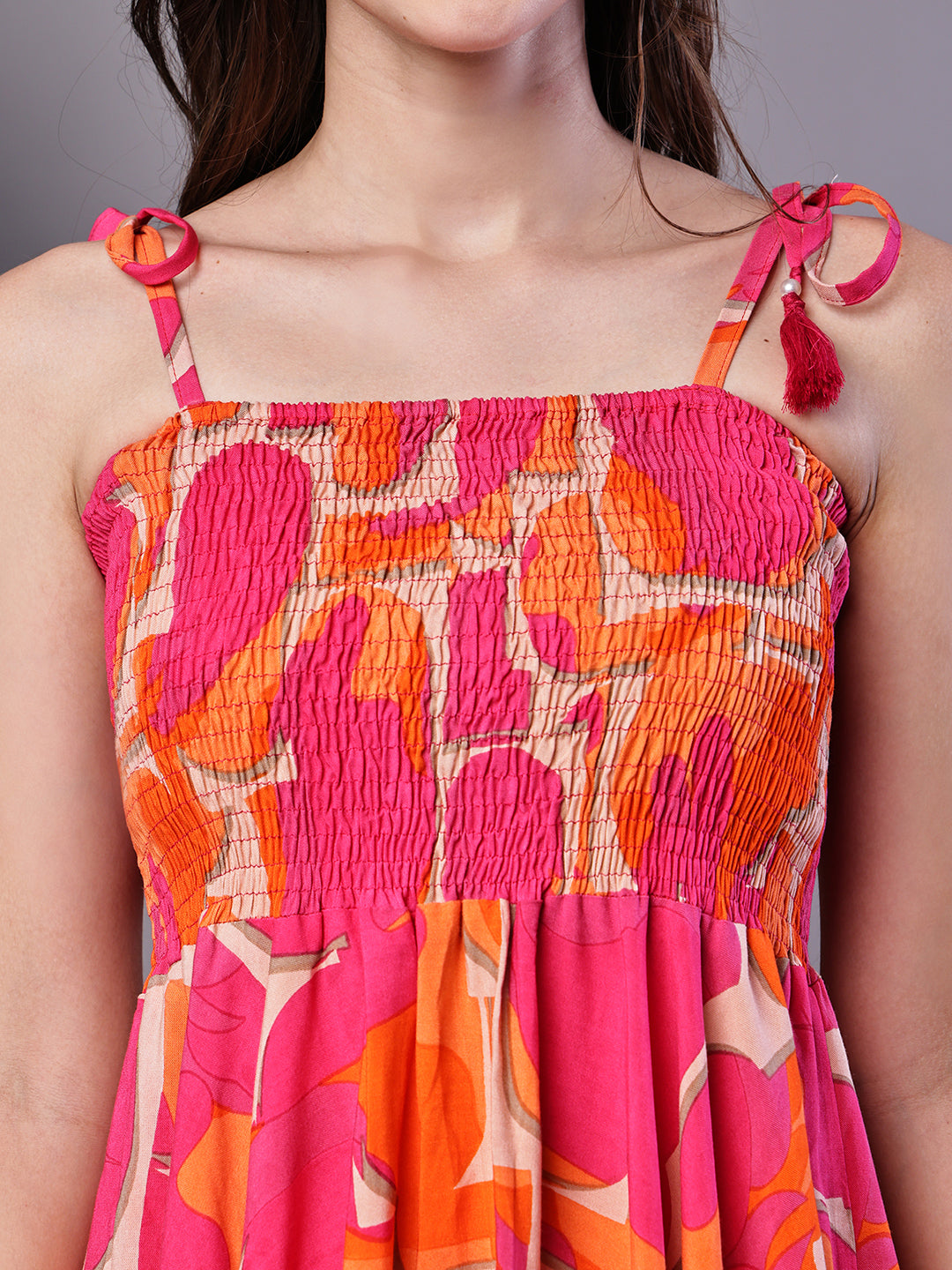 Aawari Orange & Pink Printed Cotton Handkerchief Hem Dress  - Midi Dresses / Western Wear