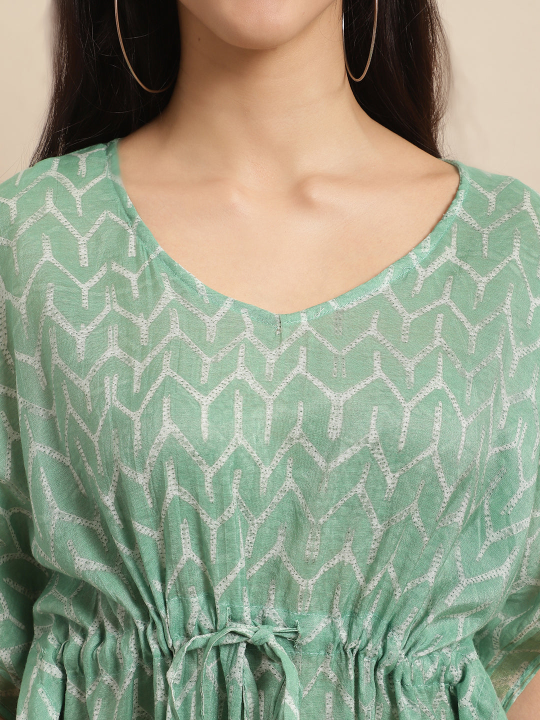 Aawari Women's Mint Green Chanderi Printed Kaftaan Dress with Drawstring Waist