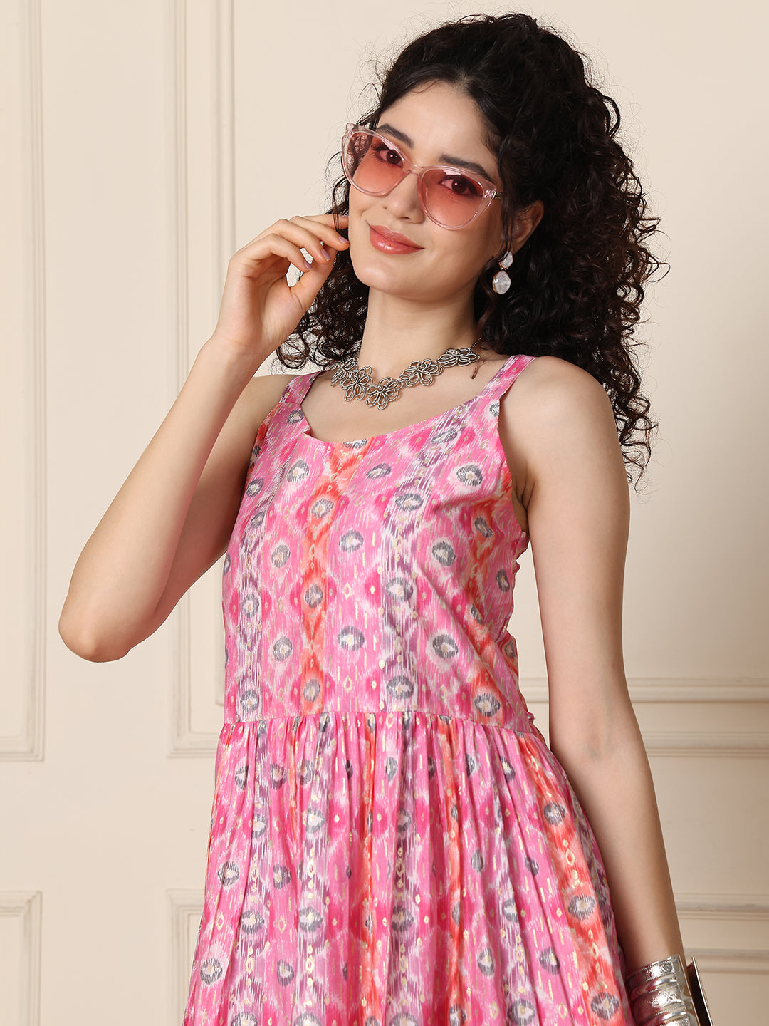 Aawari Chanderi Printed Eye Catching Short Dress - Midi Dresses / Western Wear