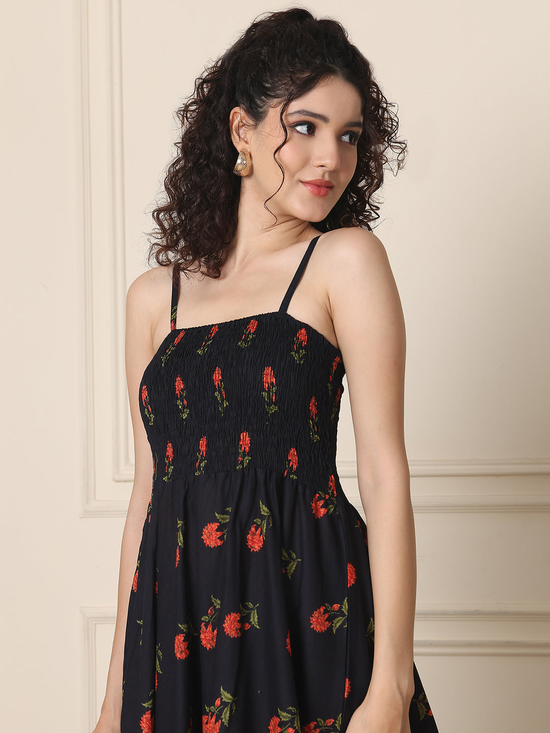 Aawari Cotton Unique Printed Spaghetti Strap Dress - Western Wear