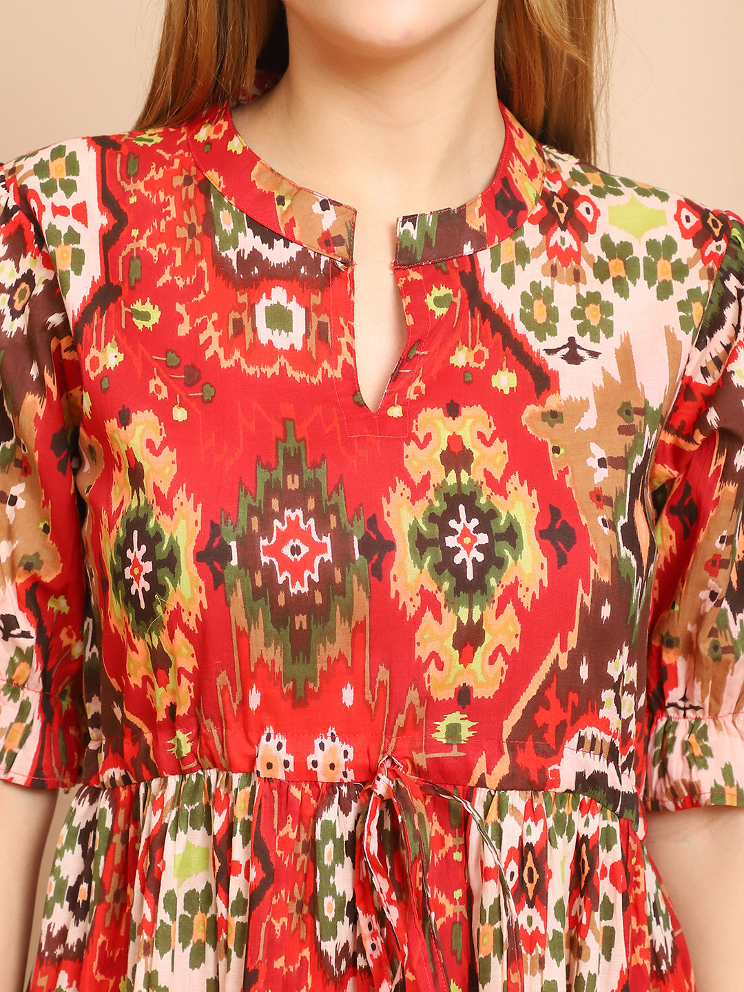 Aawari Red & Multi-Color Tribal Print Tiered Maxi Dress - Dresses / Western Wear / Maxi Dresses