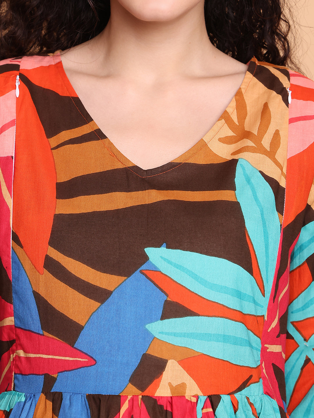 Aawari Brown Multicolor Leaf Print Cotton Maternity Dresses with 3/4 Sleeves