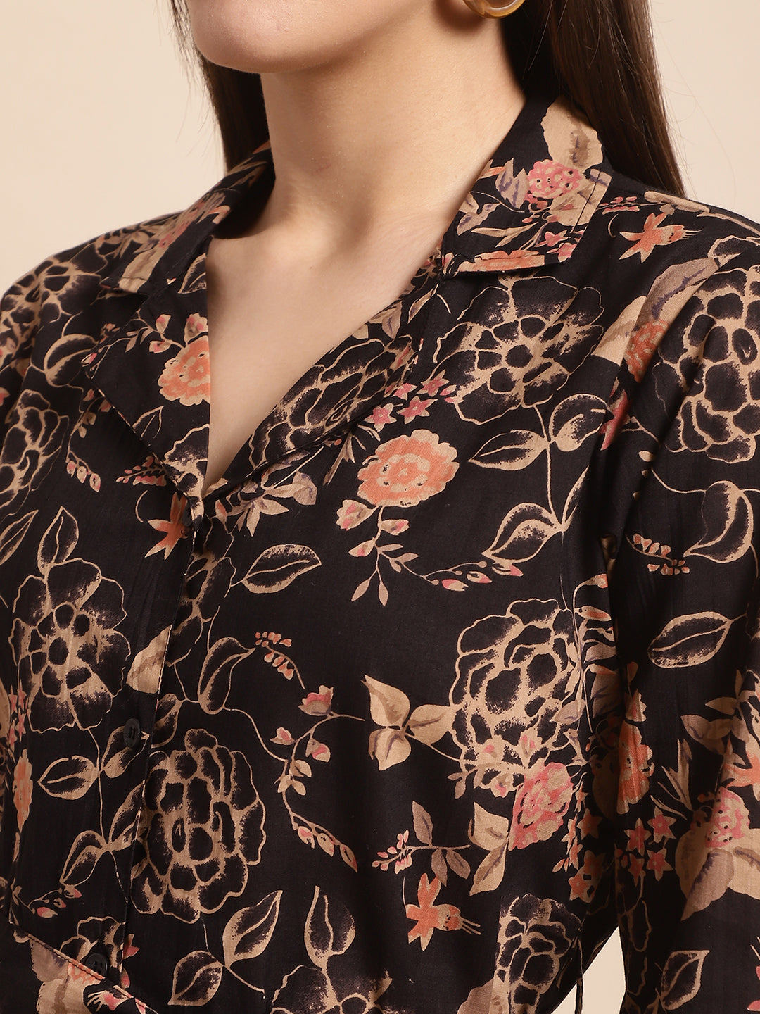 Aawari Women's Black & Beige Floral Printed Cotton Wrap-Style Co-ord Set - Co-ord Sets / Western Wear