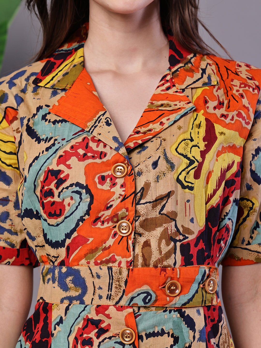 Aawari Bohemian Chic Multi-Color Paisley Print Cotton Collared Midi Dress  - Midi Dresses / Western Wear / Dresses