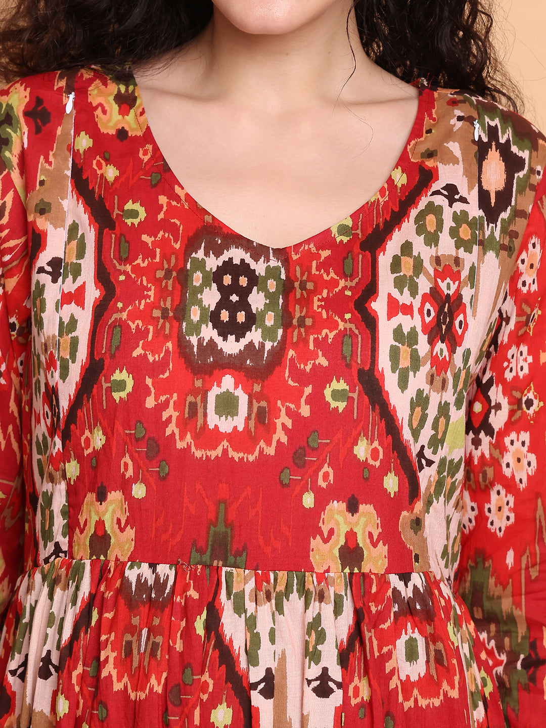 Aawari Red Ikat Printed Cotton Maternity Dresses with 3/4 Sleeves