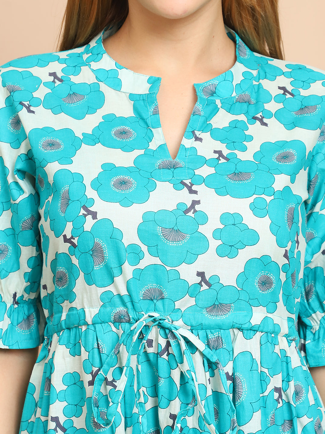 Aawari Turquoise Blue Floral Cotton Tiered Maxi Dress - Dresses / Western Wear / Maxi Dresses