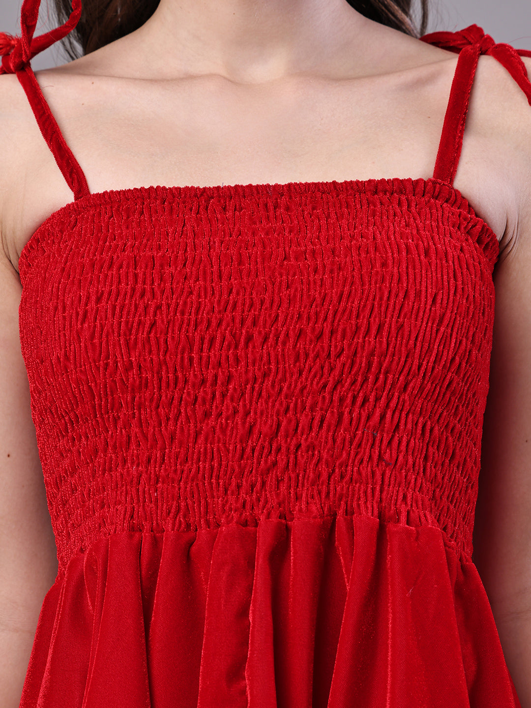 Aawari Red Junglee Pattern Velvet Handkerchief Hem Dress - Midi Dresses / Western Wear