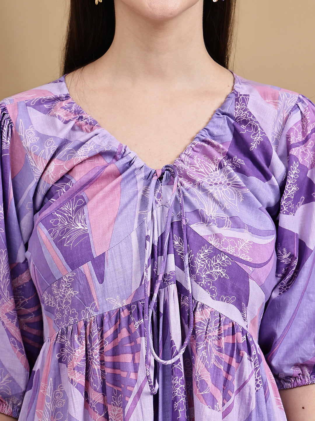 Aawari Cotton Purple Printed Knot Dresses With Puff Sleeves / Western Wear