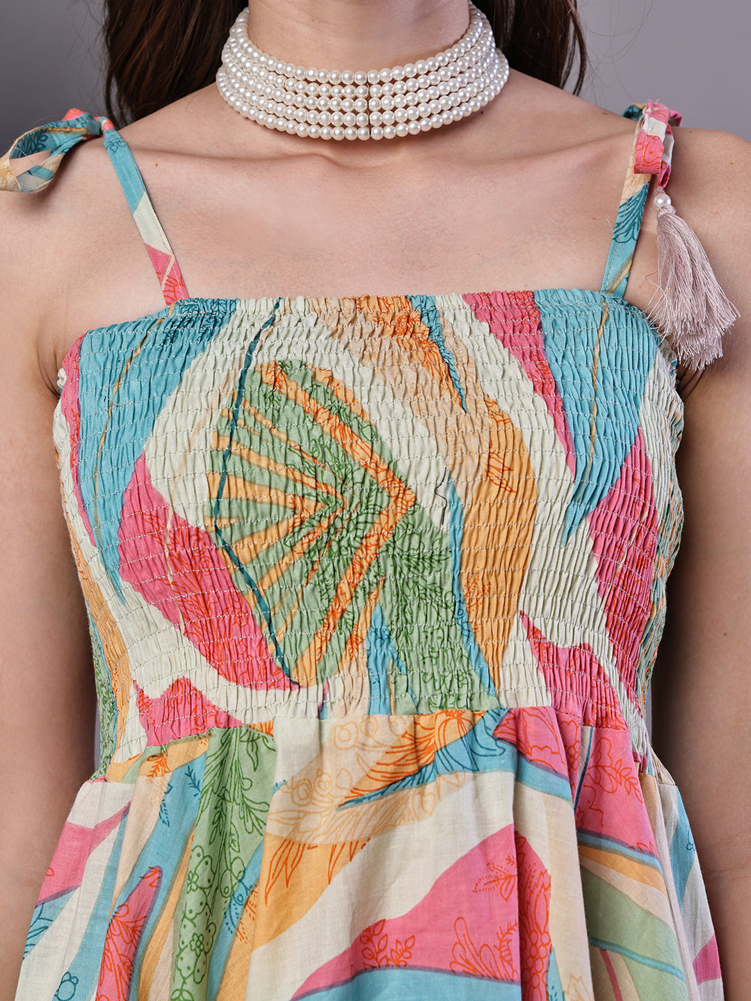 Aawari Multicolor Junglee Print Handkerchief Hem Cotton Dress - Midi Dresses / Western Wear