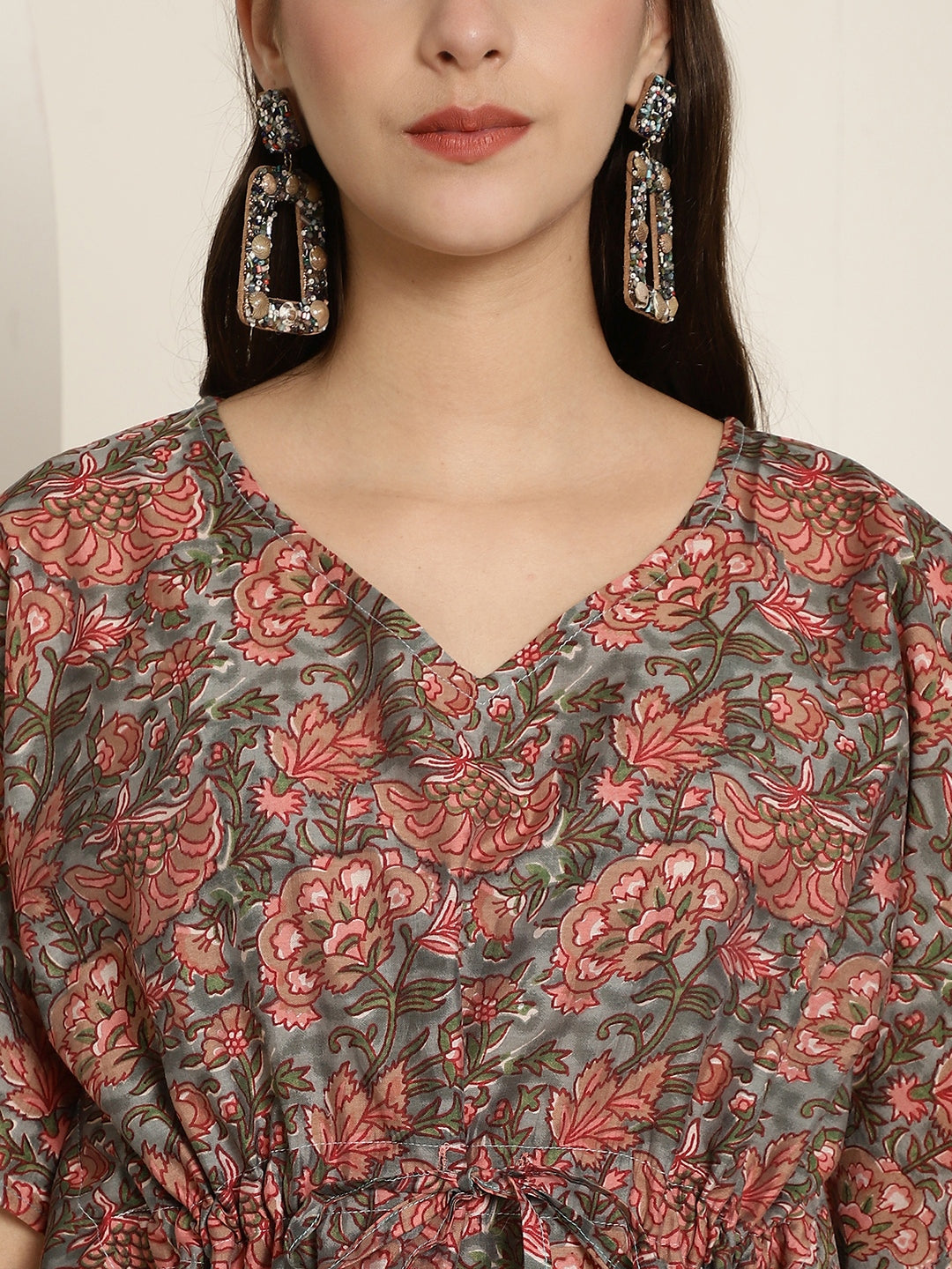 Women's Floral Print Cotton Kaftaan Top with Drawstring Waist