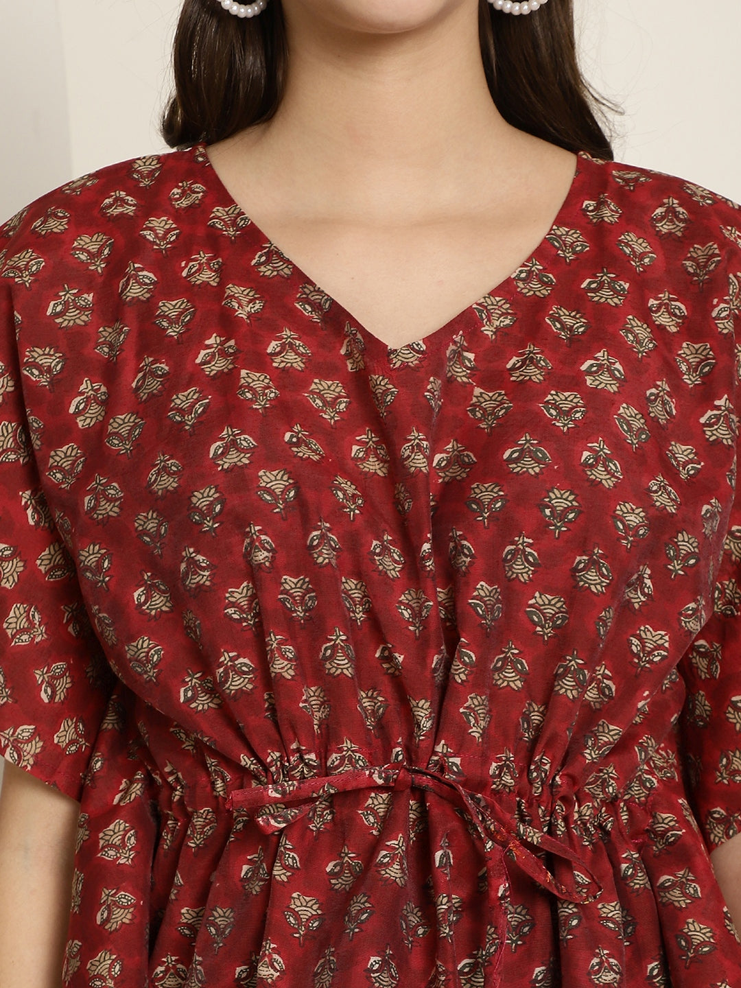 Aawari Maroon Handblock Printed Chanderi Short Kaftaan Top with Drawstring