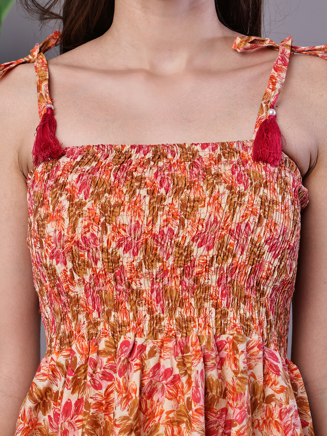 Aawari Peach Floral Handkerchief Hem Cotton Dress - Midi Dresses / Western Wear