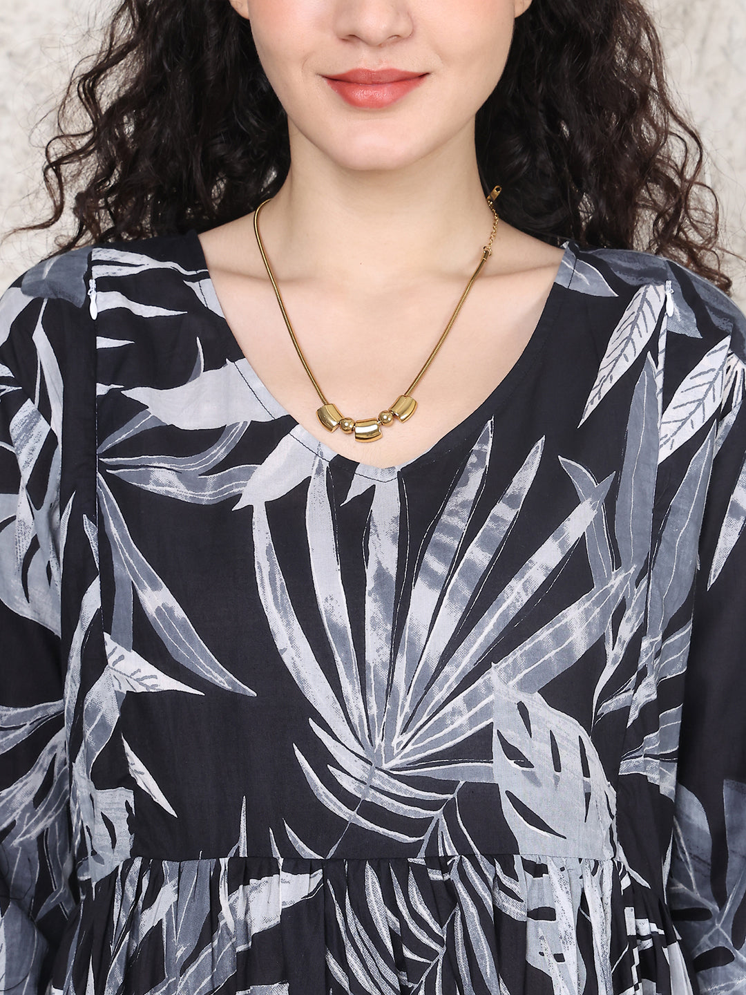 Aawari Black & Grey Leaf Print Cotton Maternity Dresses with Tiered Hem