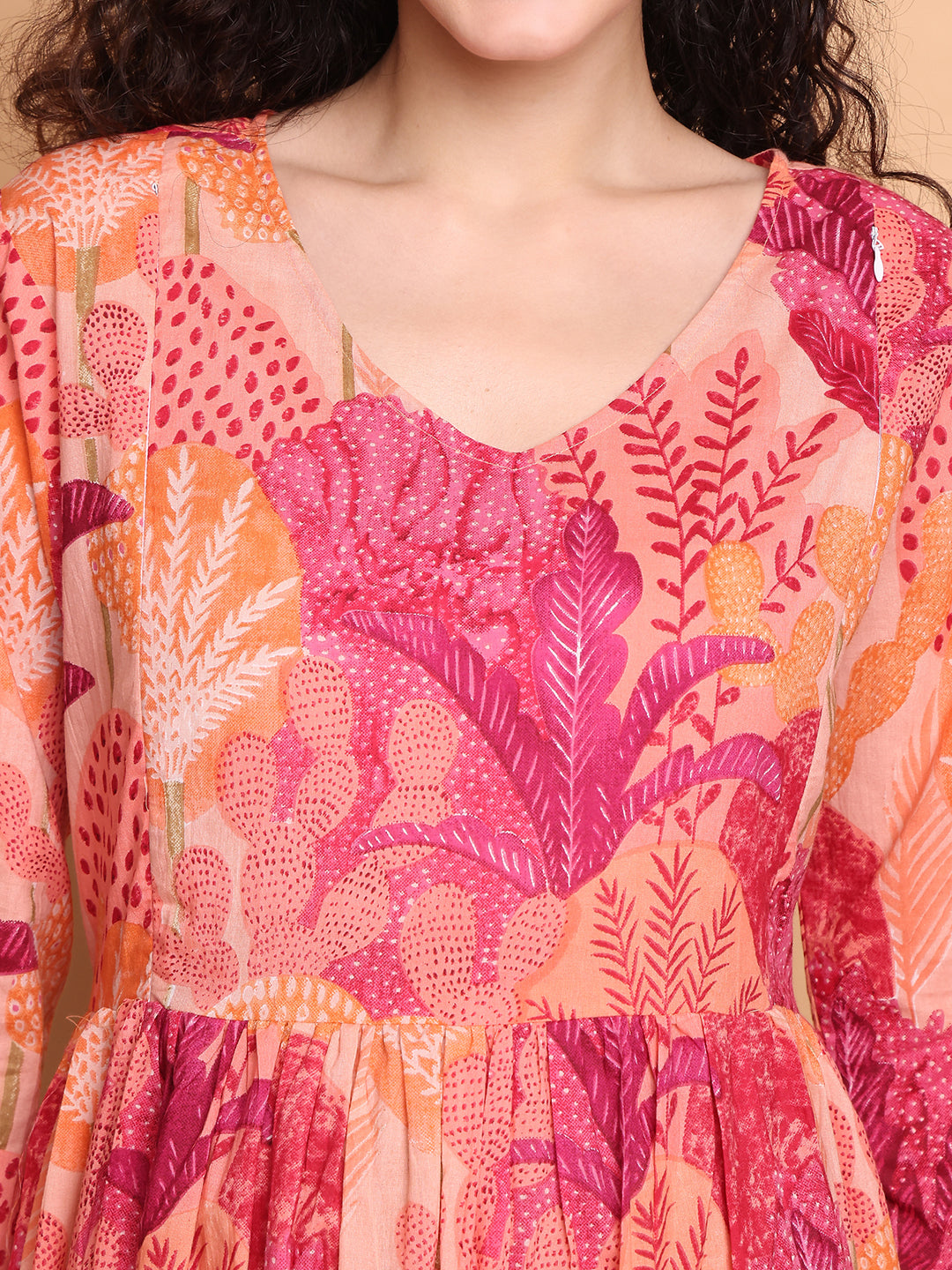 Aawari Peach & Pink Leaf Print Cotton Maternity Dresses with Tiered Hem