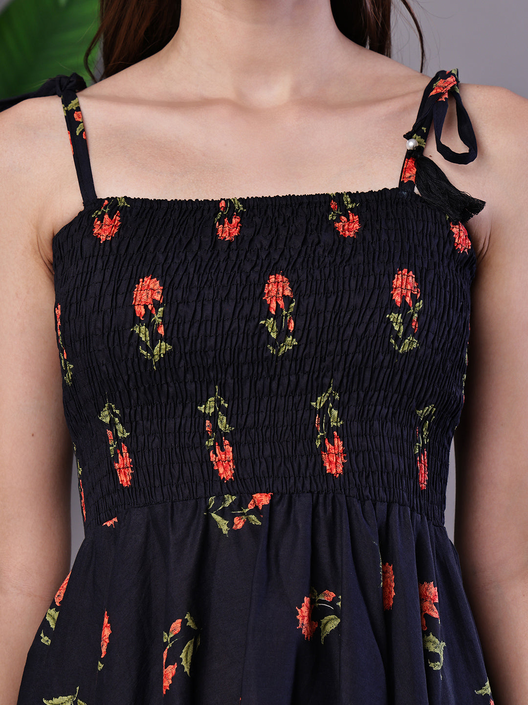 Aawari Navy Printed Smocked Asymmetrical Hem A-Line Dress - Midi Dresses / Western Wear