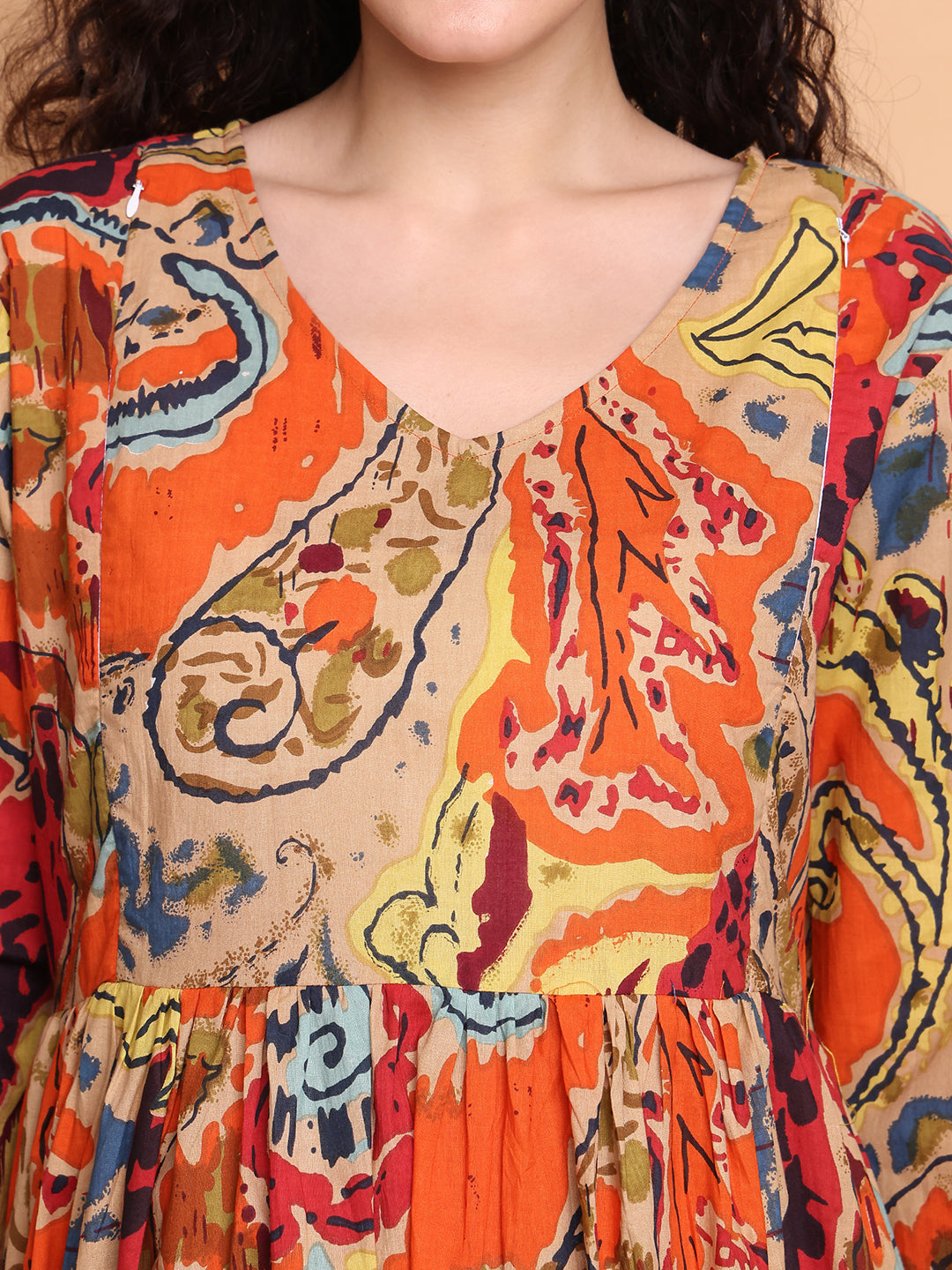 Aawari Bohemian Orange Multicolor Printed Cotton Maternity Dresses with 3/4 Sleeves