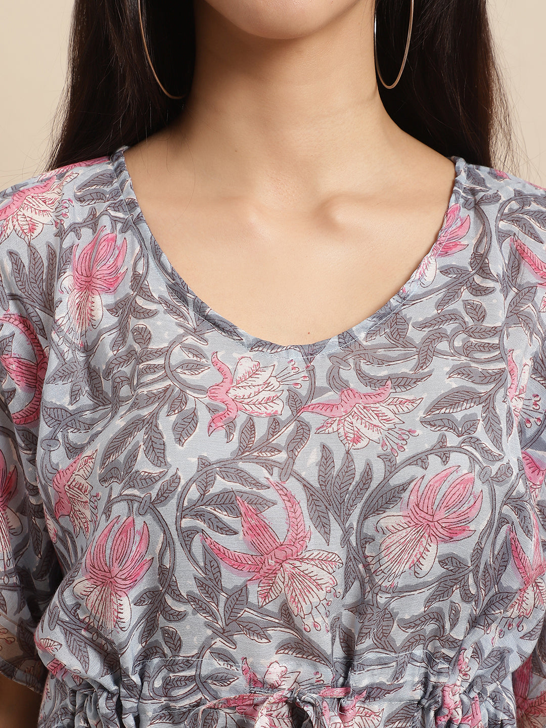 Aawari Grey & Pink Floral Printed Chanderi Kaftaan Dress