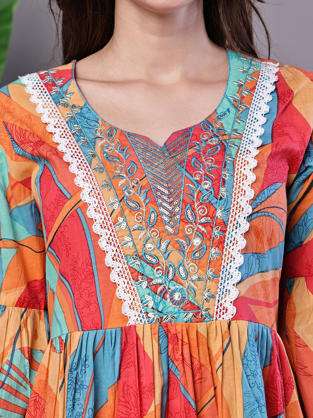 Aawari Vibrant Print Cotton Tunic Dress with Crochet Lace & Three-Quarter Sleeves - Midi Dresses / Western Wear