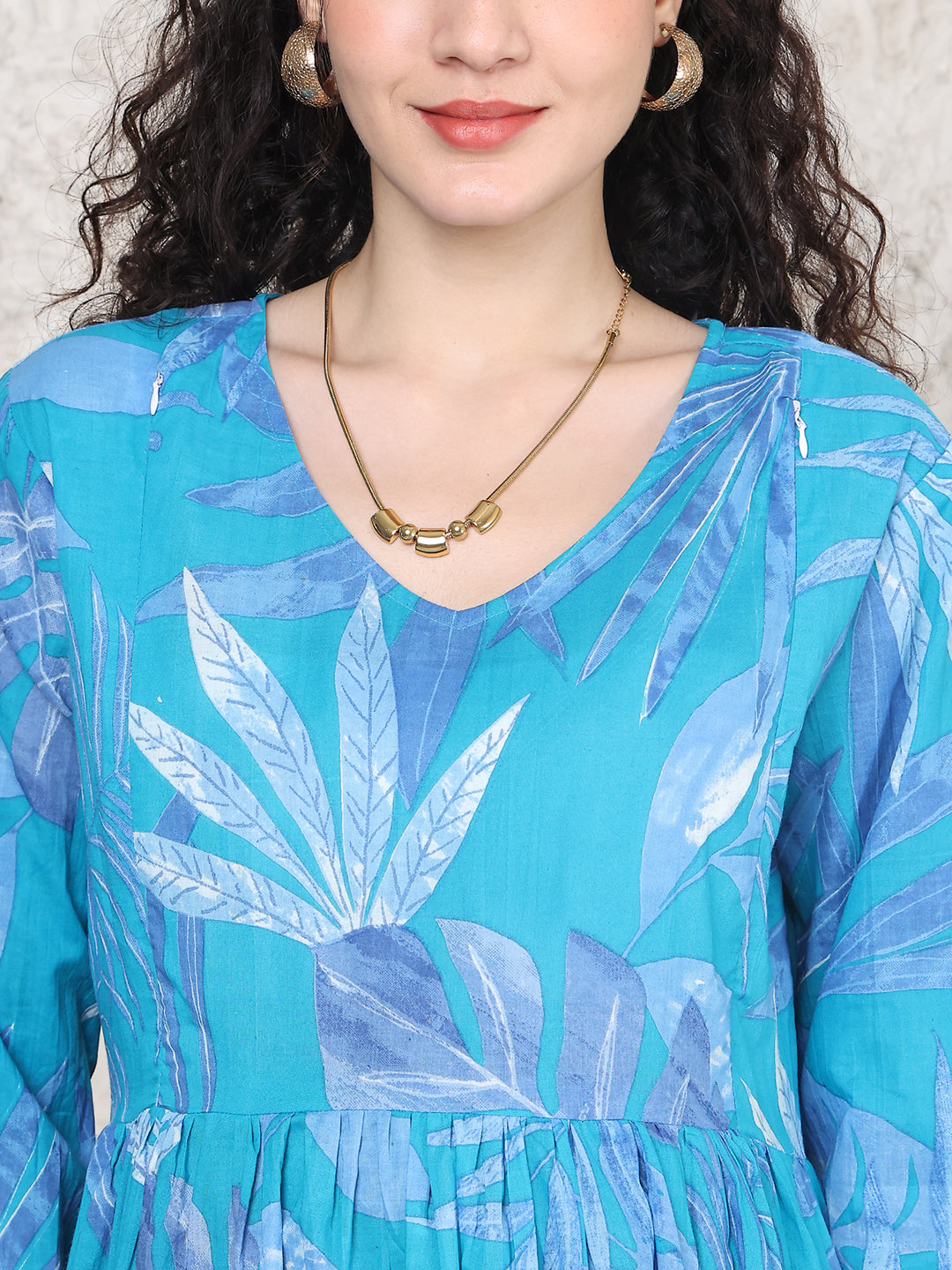 Aawari Sky Blue Leaf Print Cotton Maternity Dresses with 3/4 Sleeves